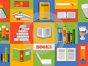 Colorful collage with books in flat style, vector illustration. Set of stickers and icons for library or bookstore