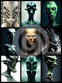 Colorful collage of digitally painted alien head artworks