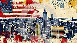 Colorful collage featuring famous landmarks of New York City intertwined with the American flag