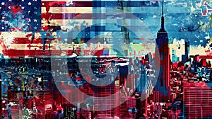 Colorful collage featuring famous landmarks of New York City intertwined with the American flag