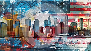 Colorful collage featuring famous landmarks of New York City intertwined with the American flag