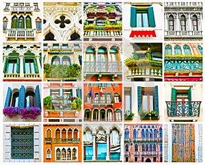 Colorful collage made of windows from Venice, Italy