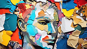 Colorful collage portrait made up of torn pieces of paper in various colors and patterns, textured and layered effect background,