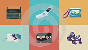 Colorful collage in retro palette of various old-fashioned items, boombox, mobile phone, landline phone, camera