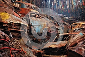 a colorful collage of rusted car hoods in a junkyard