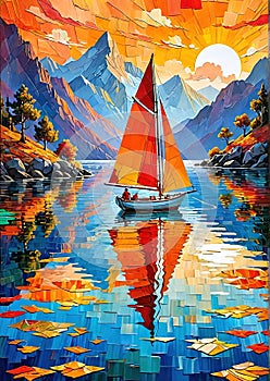 Colorful Collage Sailboat: Layered Paper Artwork in Serene Sunset Scene Generated by AI