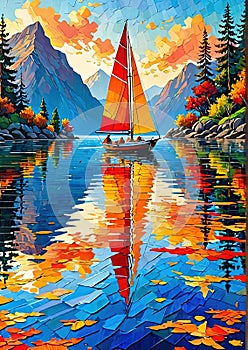 Colorful Collage Sailboat: Layered Paper Artwork in Serene Sunset Scene Generated by AI