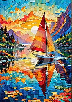 Colorful Collage Sailboat: Layered Paper Artwork in Serene Sunset Scene Generated by AI