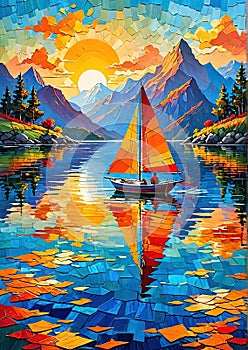 Colorful Collage Sailboat: Layered Paper Artwork in Serene Sunset Scene Generated by AI