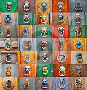 Colorful collage of a variety of knockers and handles on ancient doors photo