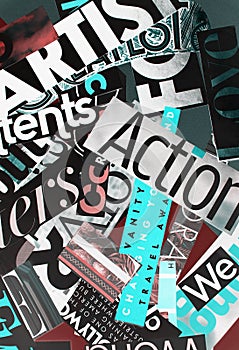 Colorful collage of words on a mood board. bright atmospheric background of words and letters cut out from a magazine.