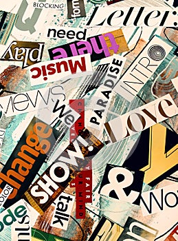 Colorful collage of words on a mood board. bright atmospheric background of words and letters cut out from a magazine.