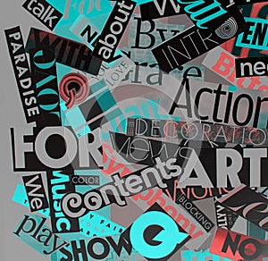 Colorful collage of words on a mood board. bright atmospheric background of words and letters cut out from a magazine.