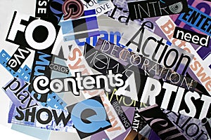 Colorful collage of words on a mood board. bright atmospheric background of words and letters cut out from a magazine.