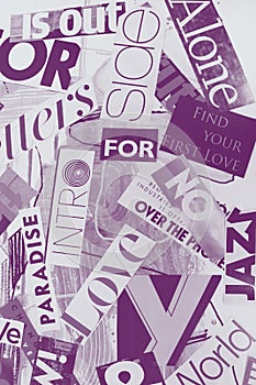 Colorful  collage of words on a mood board. bright atmospheric background of words and letters cut out from a magazine.