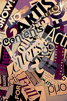 Colorful  collage of words on a mood board. bright atmospheric background of words and letters cut out from a magazine.