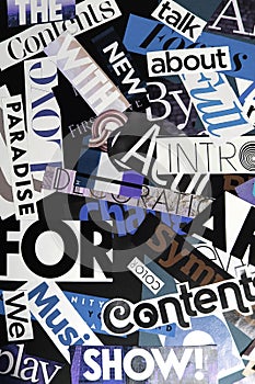 Colorful collage of words on a mood board. bright atmospheric background of words and letters cut out from a magazine.