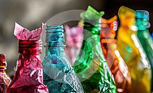 A colorful collection of broken plastic bottles is a powerful illustration of recycling and waste management efforts