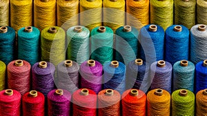 Colorful collection of sewing thread spools arranged in rows