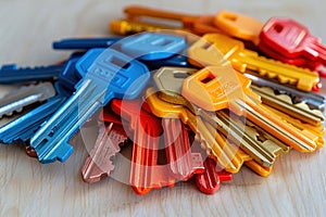 Colorful Collection of Various Keys Displayed on Wooden Surface with Solid Background