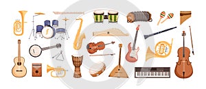 Colorful collection of various musical instruments isolated on white background. Strings, brass, percussion, woodwinds