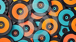 Colorful Collection of vinyl records. Assortment of vinyl LPs. Top view. Background. Concept of music diversity, vintage