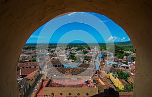 Colorful Colonial Caribbean city overview with sea and sky, Trinidad, Cuba, America.