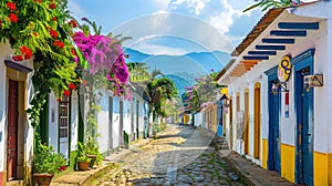 Colorful colonial houses on a cobblestone street adorned with vibrant flowers