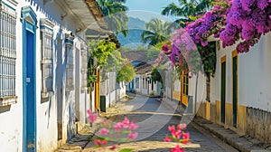 Colorful colonial houses on a cobblestone street adorned with vibrant flowers