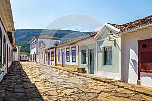 Colorful colonial houses and cobblestone street - Tiradentes, Minas Gerais, Brazil