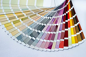 Colorful color guide with palette of paint samples on white background with copy space. Palette of samples RAW WCP