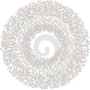 Colorful, colored random circles, dots, speckles and freckles concentric, circular and radial element. Pointillist, pointillism