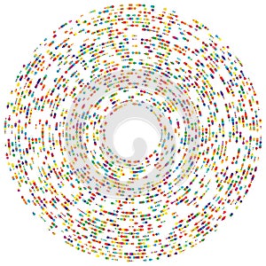 Colorful, colored random circles, dots, speckles and freckles concentric, circular and radial element. Pointillist, pointillism