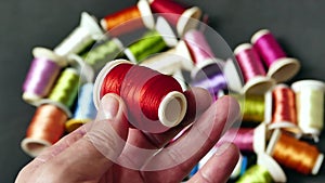 Colorful colored thread wound bobbins, spool of red thread in a tailor's hand