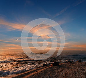 Colorful colorful seascape during sunset. Incredible nature Landscape. Amazing beach sunset with Picturesque sky. Unsurpassed