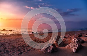 Colorful colorful seascape during sunset. Incredible nature Landscape. Amazing beach sunset with Picturesque sky. Unsurpassed