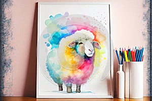 Colorful colourful fluffy ewe sheep animal watercolor illustration