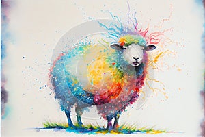 Colorful colourful fluffy ewe sheep animal watercolor illustration