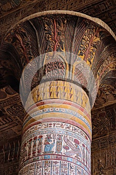 Colorful column at temple of Khnum in Esna, Luxor, Egypt