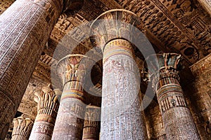 Colorful columns at temple of Khnum in Esna, Luxor, Egypt