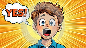 Comic style surprised boy with bright expression and speech bubble