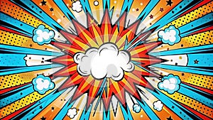 Colorful comic pop art explosion with dynamic cloud burst