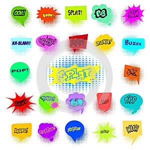 Colorful comic speech bubbles with halftone shadows, expression text, pop art style