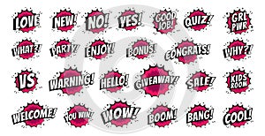 Colorful comic speech bubbles with halftone shadows and text isolated on white background. Hand drawn retro cartoon stickers. Pop