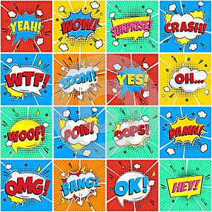 Colorful comic speech bubbles seamless pattern with phrases: OMG!, POW!, BANG!, OOPS!, WOW!