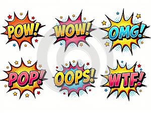 Colorful Comic Speech Bubbles with Various Exclamations, created with the participation of artificial intelligence