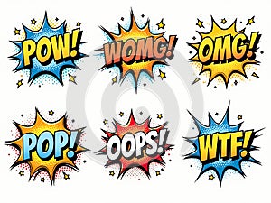 Colorful Comic Speech Bubbles with Various Exclamations, created with the participation of artificial intelligence