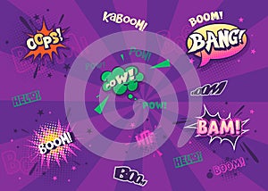 Colorful Comic Text Bubbles on Purple Background
