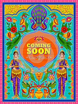 Colorful Coming Soon banner in truck art kitsch style of India