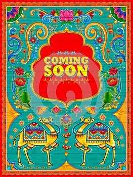 Colorful Coming Soon banner in truck art kitsch style of India